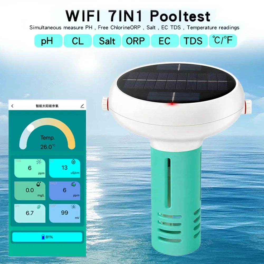 7 In 1 Water Quality Tester WiFi Solar Floating Swimming Pool Chlorin Meter PH/ORP/EC/TDS/Temp/CL/Salt Testers For Tuya ZigBee