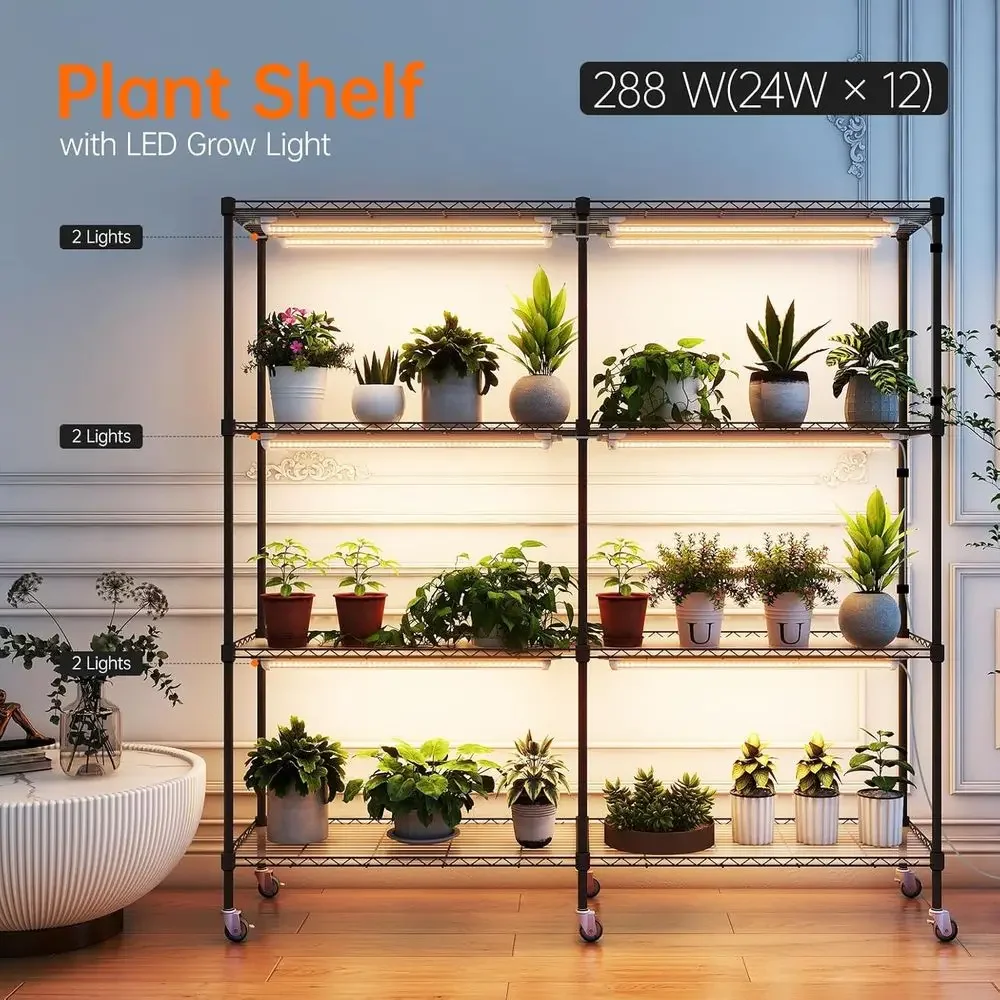 4-Tier Large Stainless Steel Grow Light Shelf with Wheels, 12-Unit 288W T8 Full Spectrum Lights for Plant Growth