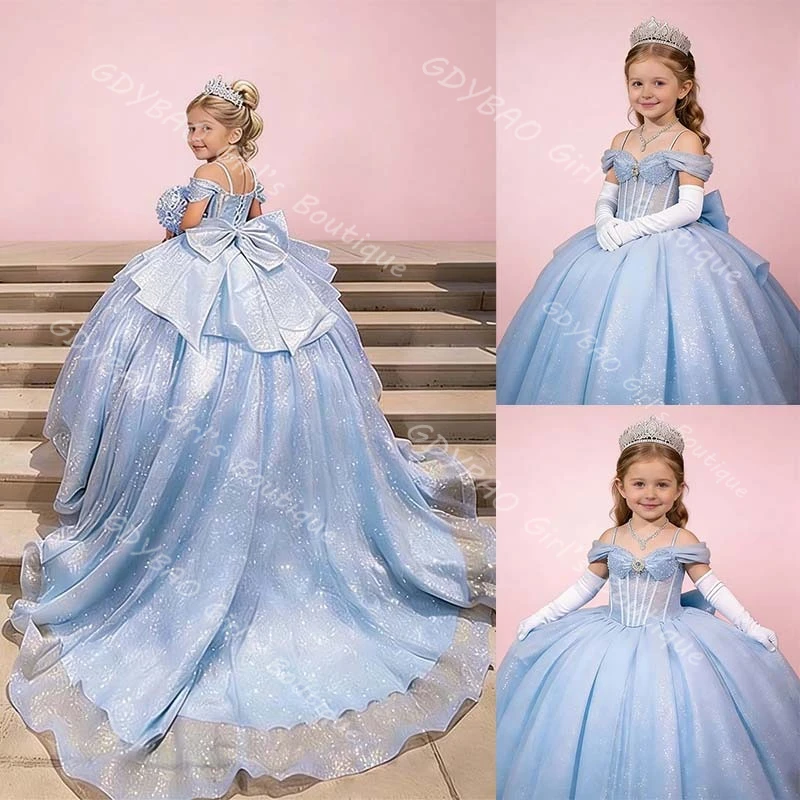 Glitter Flower Girl Dress for Wedding Party 2-14 Kids Straps Sweetheart Princess Pageant Dress with Train/Bow Custom Ball Gown