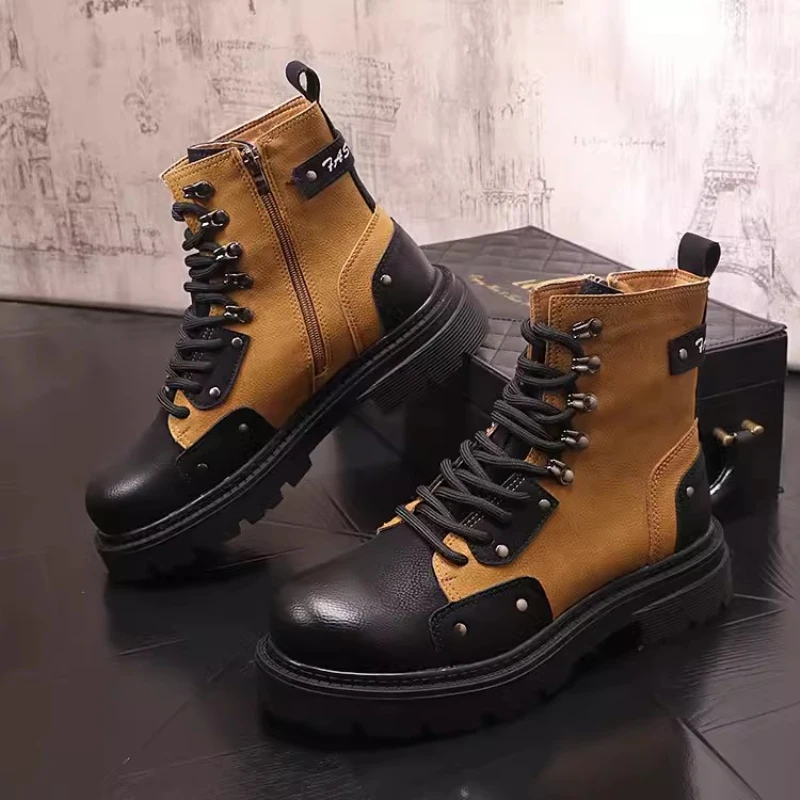 

Height Increasing High Top Casual Leather Boots British Retro Patchwork Men's Short Workwear Boots