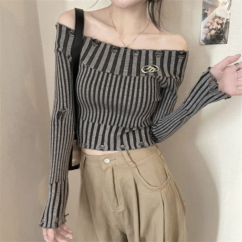 Old One-shoulder Sweater for Women's Autumn New Slim Base French Top