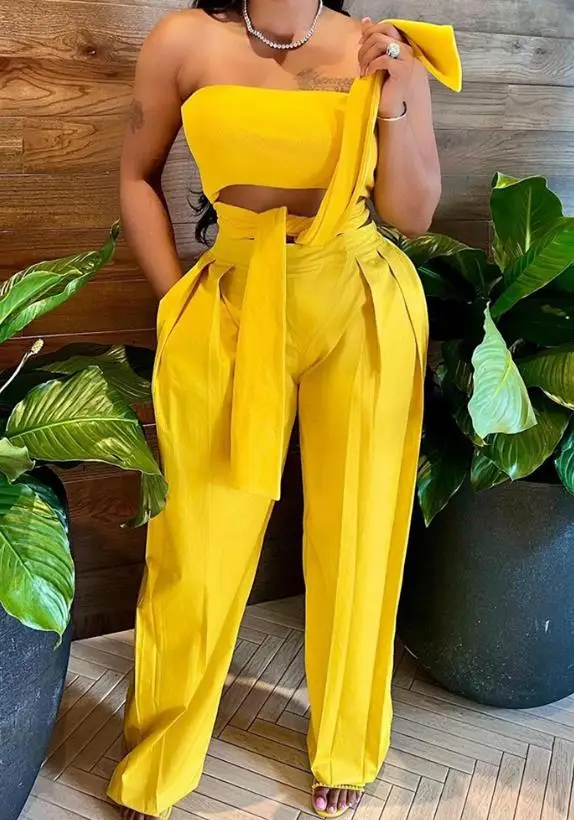 Two Piece Sets Women Outifits 2023 Summer Fashion Bandeau Multi-Way Sleeveless Top & Casual Pocket Design Straight Leg Pants Set