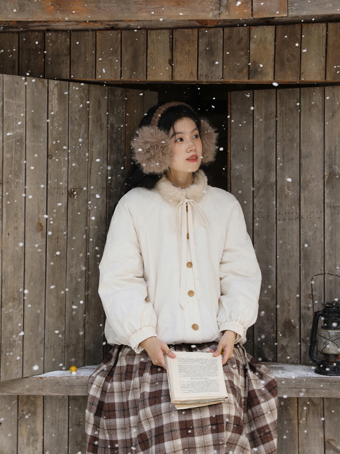 

Nesoulum Grey Chateau 100 Cotton Quilted Jacket with Fur Collar Bow Tie Bud Design Cotton Coat for Women Winter Long Sleeve