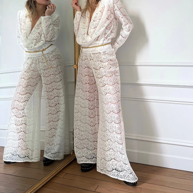 

Perspective Swinging Collar Suit Casual Long Sleeve Top & Straight Pant Outfit Sexy Lace Jacquard Hollow Solid Loose Set