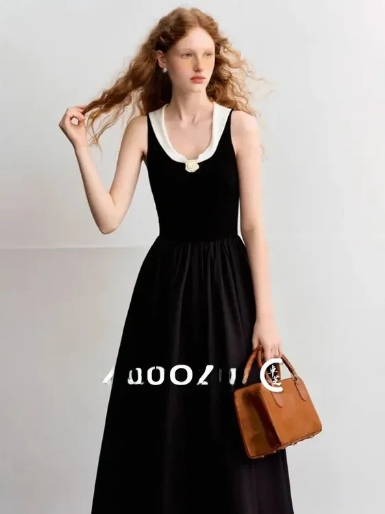 

ZhuoZhi Hepburn Black Rose Sleeveless Dress Elegant Personality Color Block Long Skirt French Style High Waist Breathable Sum...