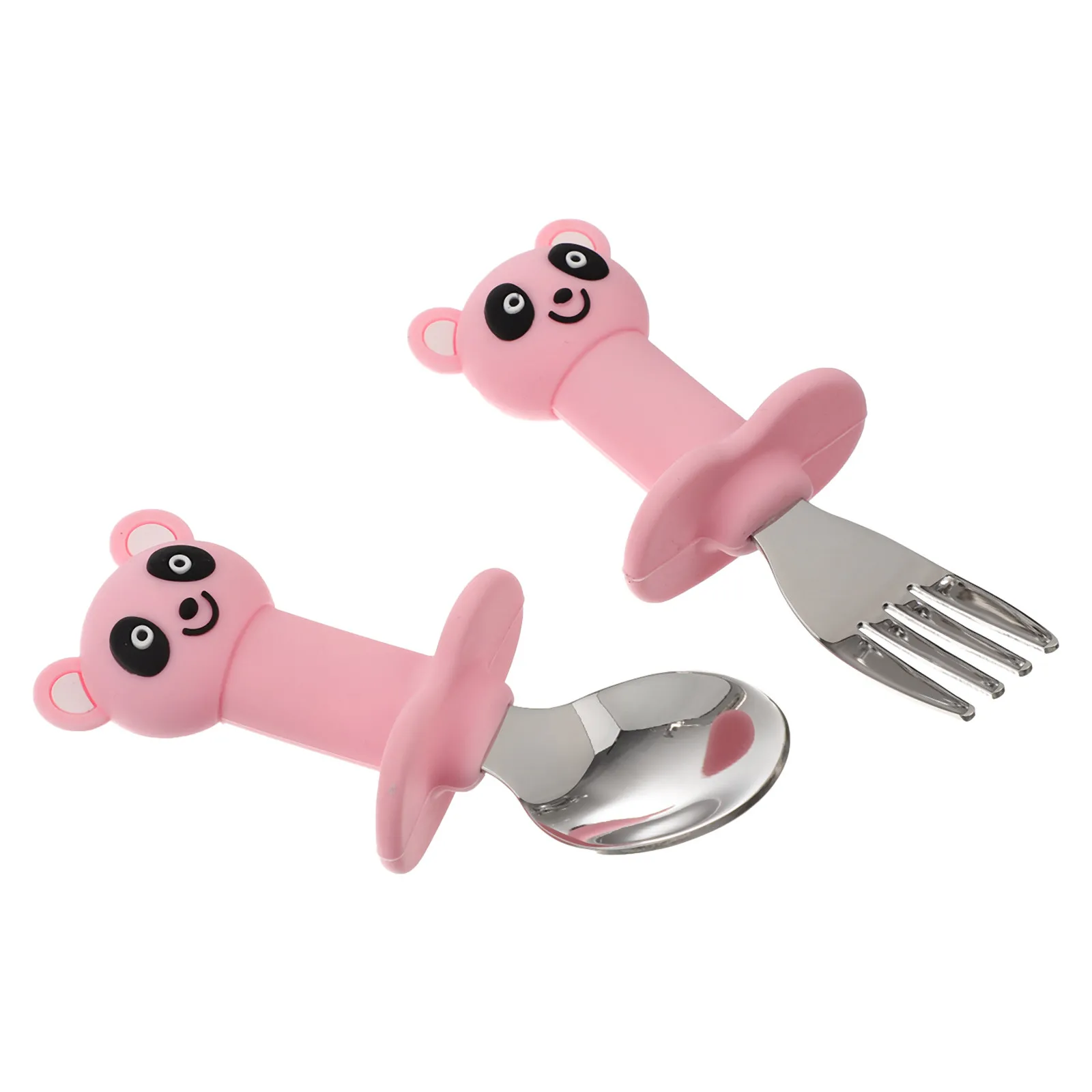 

1Set Baby Training Fork and Spoon Set Stainless Steel Silicone Feeding Utensils Short Handle Non-Slip -Feeding