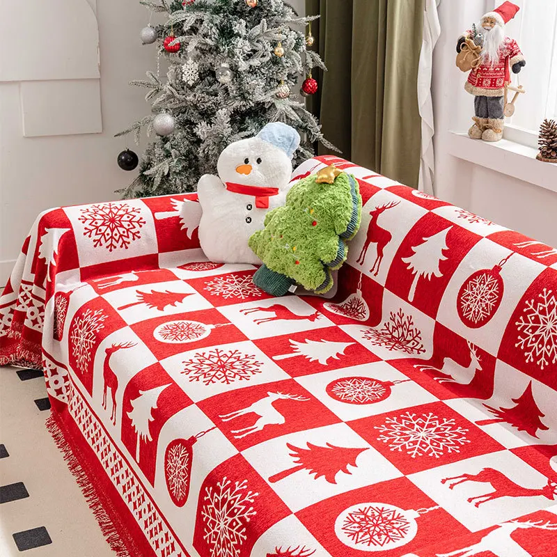 Christmas Red One-Piece Blanket Sofa Cover Holiday Decor Home Living Room All-Wrapped Sofa Covers Bed Blankets New Year Cloth