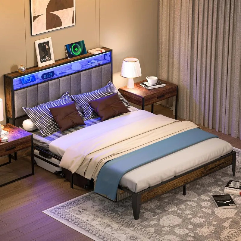 Queen Bed Frame, Full Size Metal Platform with Storage & LED Light Headboard and 1 Type C & 2 USB Charging Station