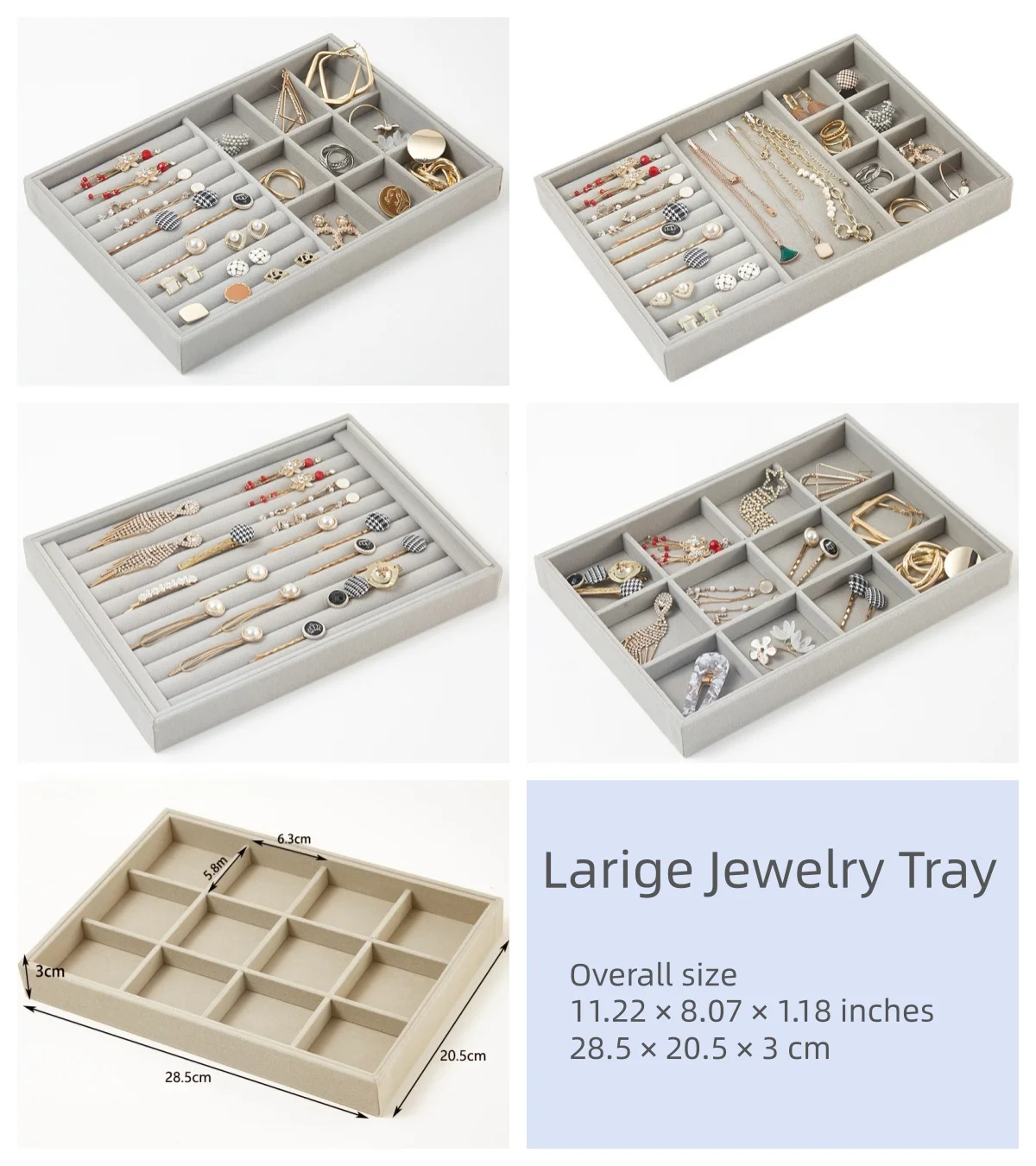 Large Velvet Jewelry Tray Drawer Insert Organizer - 10 Styles for Rings Earrings Necklaces Bracelets Storage Display