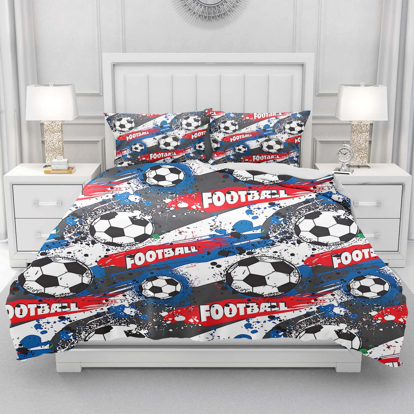 Football Graffiti Duvet Cover Set 3D Soccer Ball Bedding Set For Boys Teens Sports Theme Bed Linen With Pillowcases