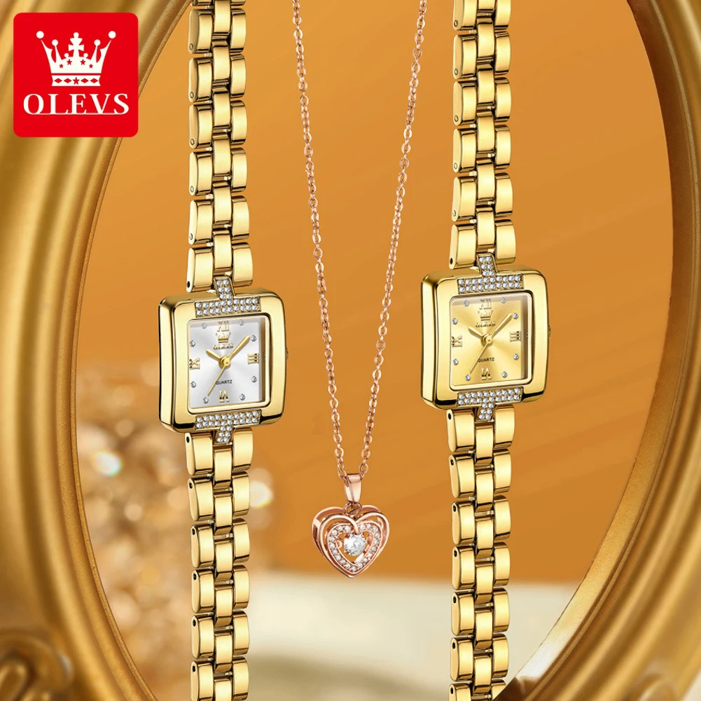OLEVS 7141 Quartz Movement Watch For Women Elegance Classic Square Dial Stainless Steel Strap 30m Waterproof Diamond Watch