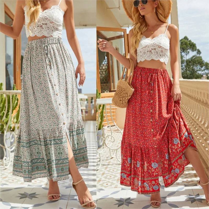 Women's Vintage Floral Skirt Summer Fall Bohemian Cotton-breasted Slit Pastoral Vacation Midi Casual Half Skirts For Women New
