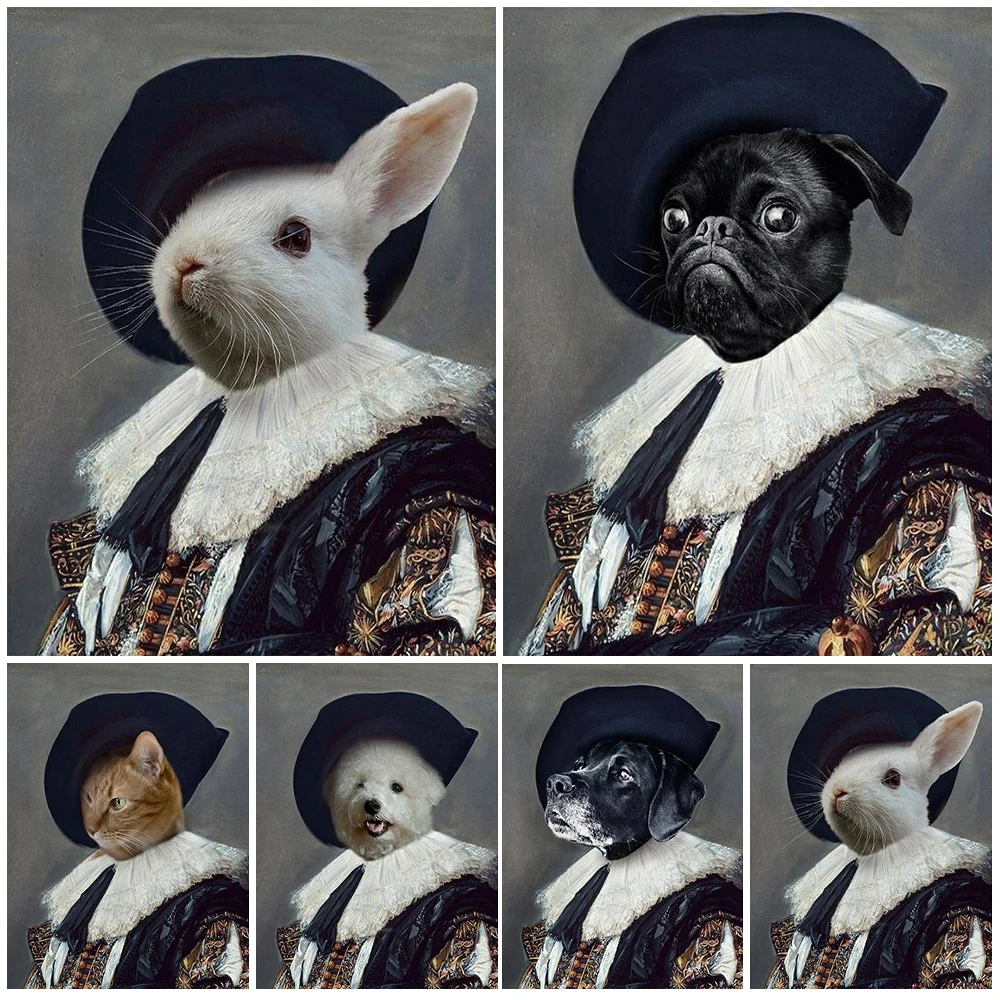 Funny Pet Dog Rabbit Royalty Portrait Posters Wall Pictures For Living Room Nordic Poster Wall Art Canvas Painting Unframed