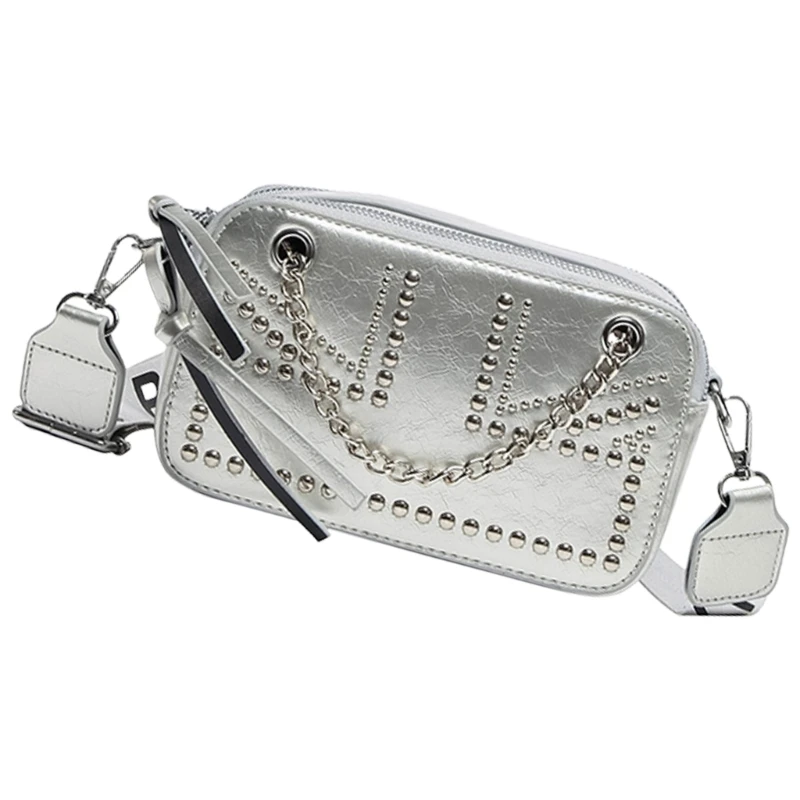 Vintage Punk Rivet Decoration Crossbody Bag with Metal Chian Multipurpose PU Leather Shoulder Purse for Stylish Ladies