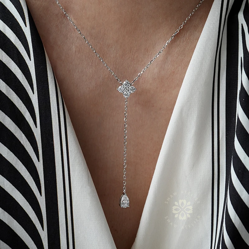 New S925 Sterling Silver Clover Zircon Water Droplet Shape Pendant O-Chain Choker Necklace Spring Girl Wedding Gift Fine Jewelry