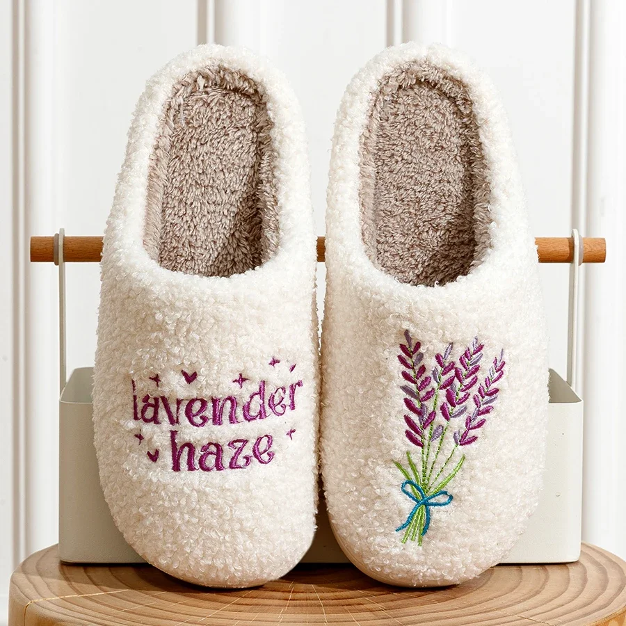 Romantic Gentle Lavender Haze Home Slippers Indoor Fuzzy for Love Girls Gift Winter Anti-slip Soft Sole Leisure Cotton Shoes