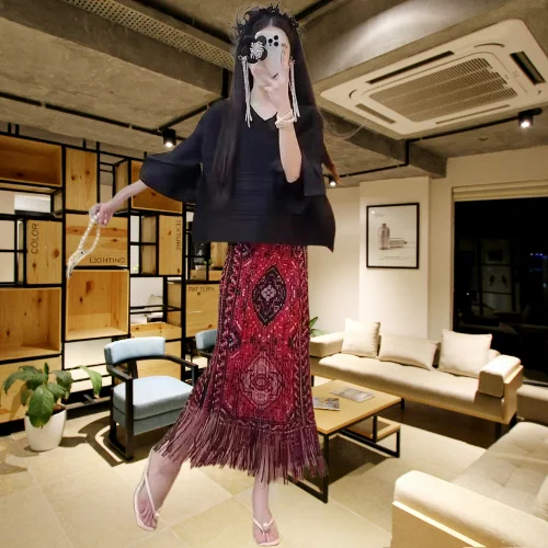 

Miyake 2025 Summer New Suit Women's Plisse Solid Color Design Top Temperament Pleated Fashion Printing Fringed Pleated Skirt