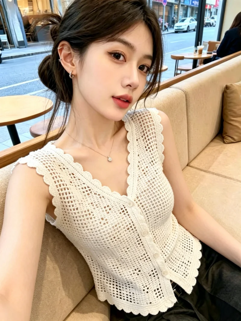 

Retro Hook Knitted V-Neck Sleeveless Women's Cardigan Summer New Style Elegant Versatile Self-Preserving Design Silk Top