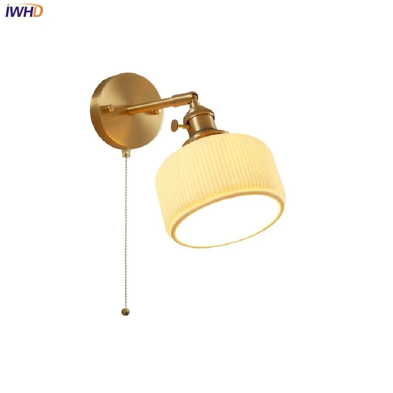 

IWHD Copper Simple LED Wall Lights Aisle Study Foyer Ceramic Nordic Pull Chain Switch Bedside Lamp Modern Stair Light Fixtures