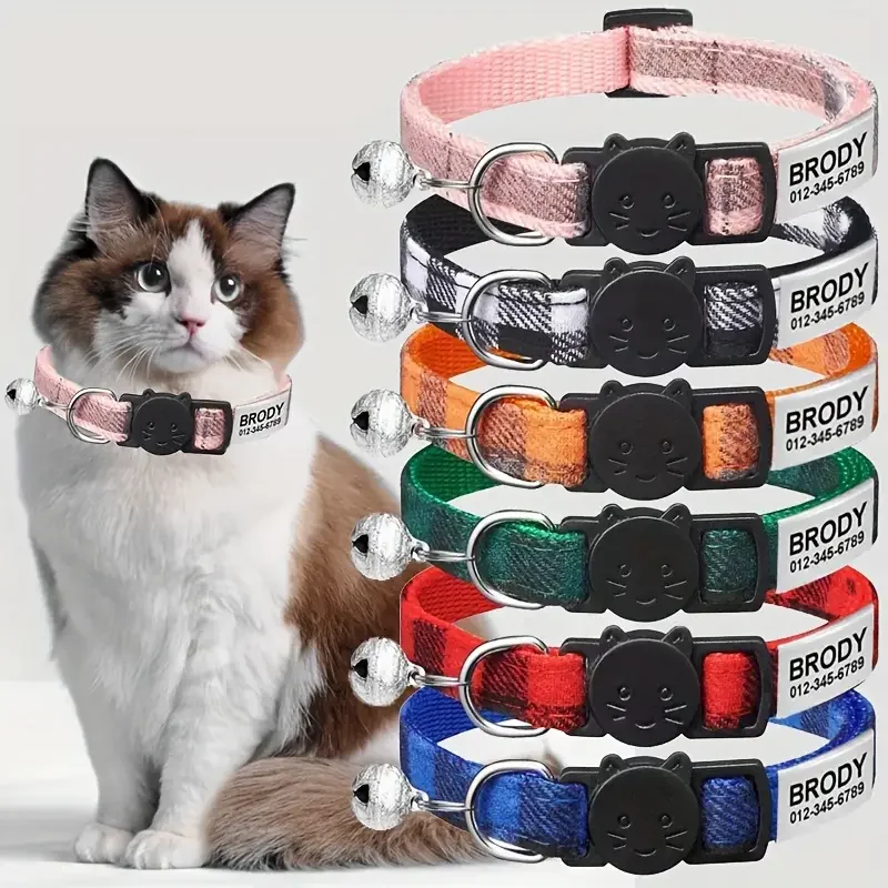 Collier de chat en Nylon personnalisé, motifs à carreaux, cloche réglable, accessoires de sécurité pour chaton, étiquette d'identification détachable, petit collier pour chiot