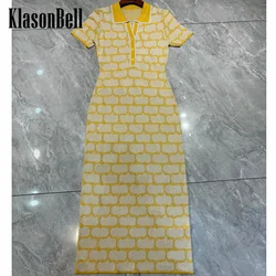 1.21 KlasonBell High Quality Letter Metallic Bright Silk Jacquard Turn-down Collar Elegant Slim Knitted Maxi Dress Women