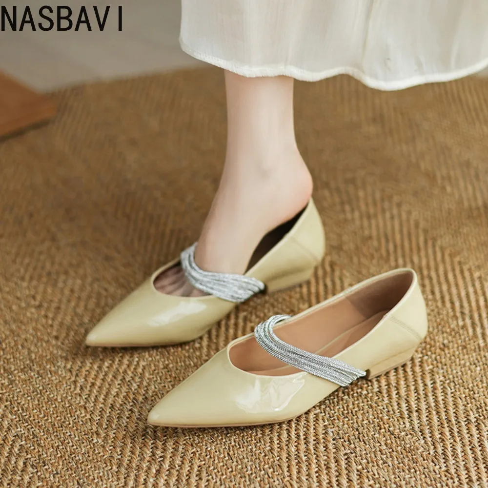 

French Luxury Brand Women's Classic Comfy Low Heels Pumps Fashion Chain Patent Cow Leather Mary Jane Dress Shoes Top Quality