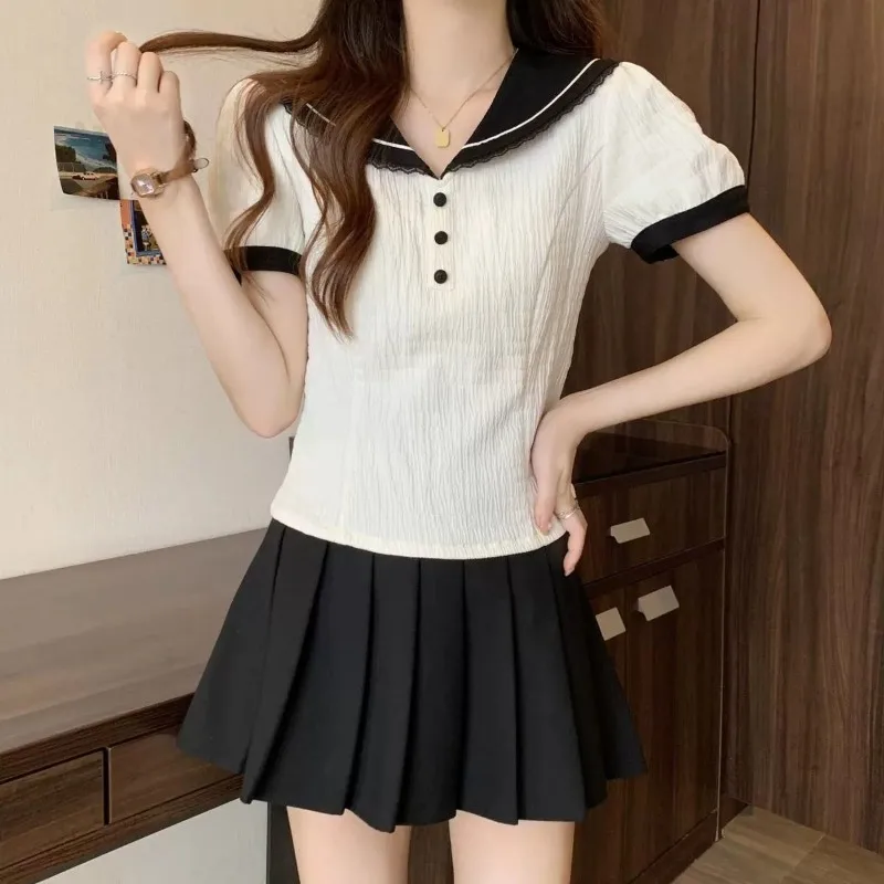 Summer 2024 Women\'s Pullover Sailor Collar Fashion Patchwork Button Folds Solid Color Loose Office Lady Short Sleeved Tops