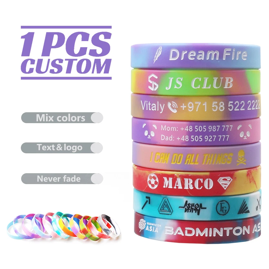 1 PCS Mixed Color Wrist Bands Customized Silicone Bracelet Debossed Custom Wristband SOS ID Engraved Bracelets lost for Children