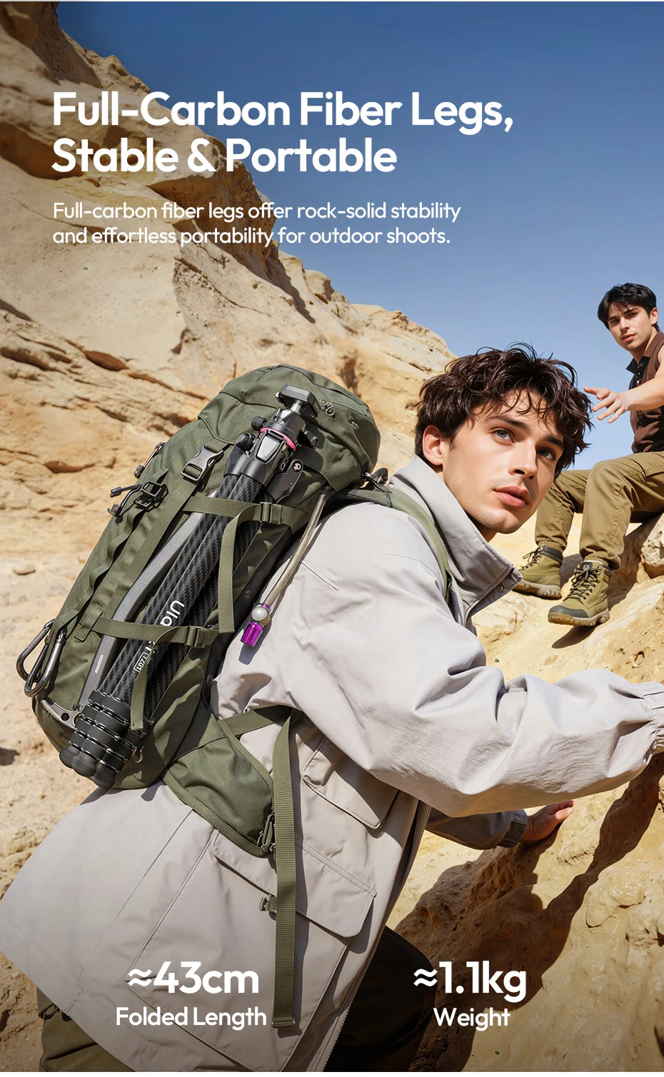 Ulanzi TZ01 Vielseitiges 2-in-1 Carbonfaser-Stativ Max. 1,6M Stativ mit Mini-Stativsäule für DSLR-Kamera für Outdoor-Reiseaufnahmen – Detail 3