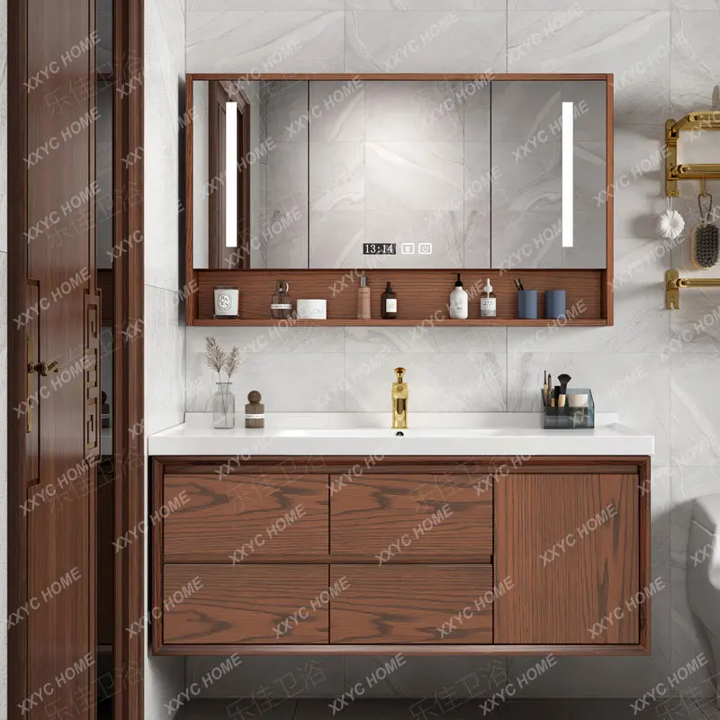 Modern Minimalist Red Oak Bathroom Cabinet Ceramic Whole Washbin Solid Wood Bathroom Cabinet Smart Mirror Cabinet