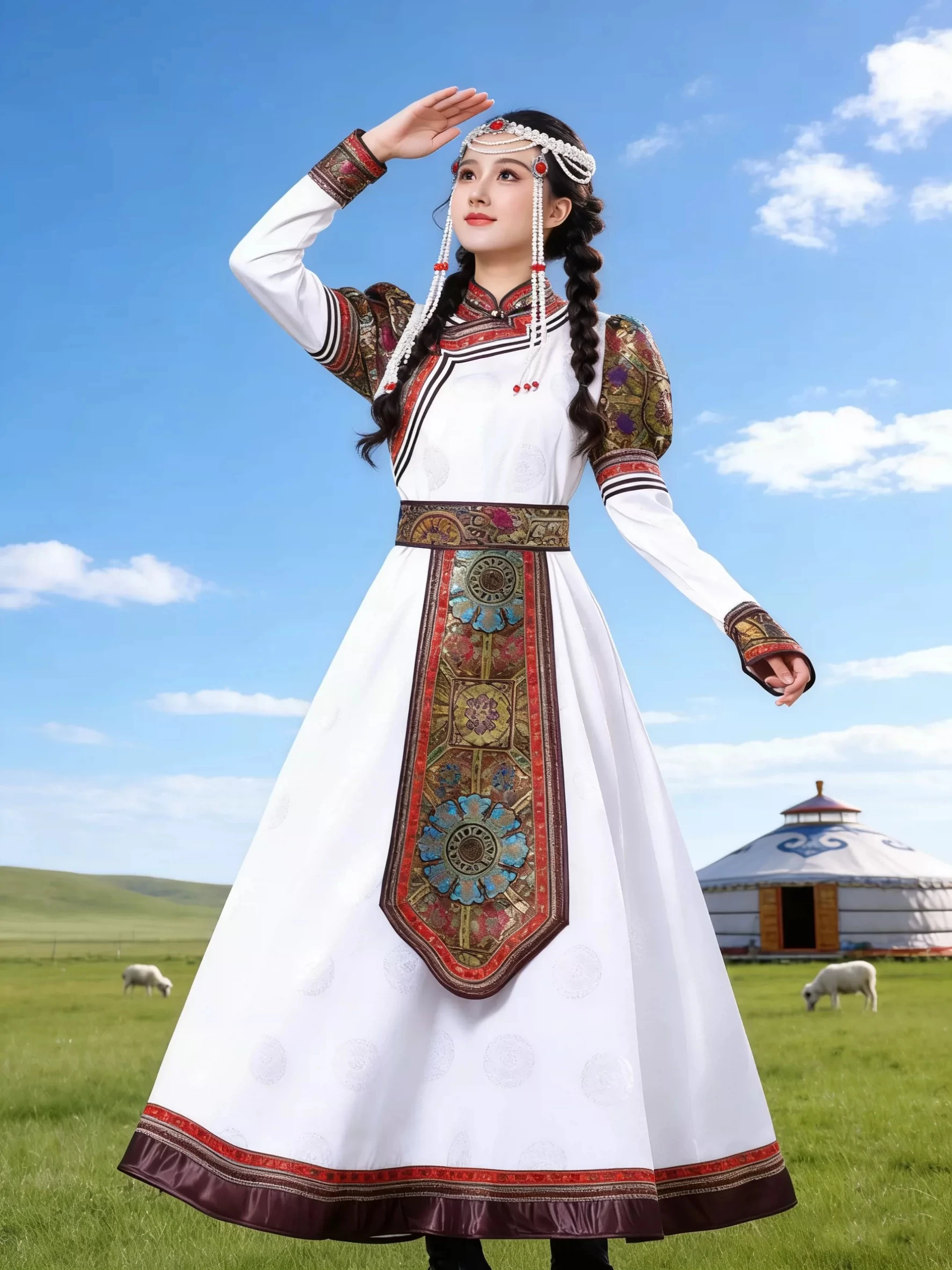 Mongolian Elements Yellow White Attire Women Festival Dance Dress Performance Garment Ulan Bator Ethnic Popular Gown Lady TP017