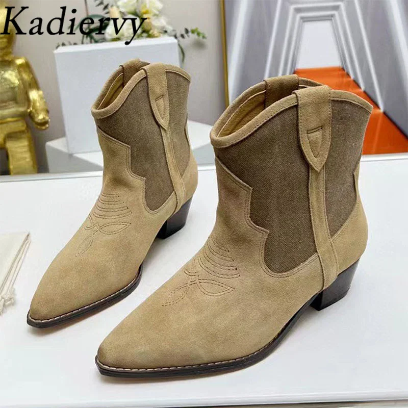 Suede Leather Embroidery Western Cowboy Boots Woman Pointed Toe Runway Shoes Women Square Heels Ankle Boots For Women