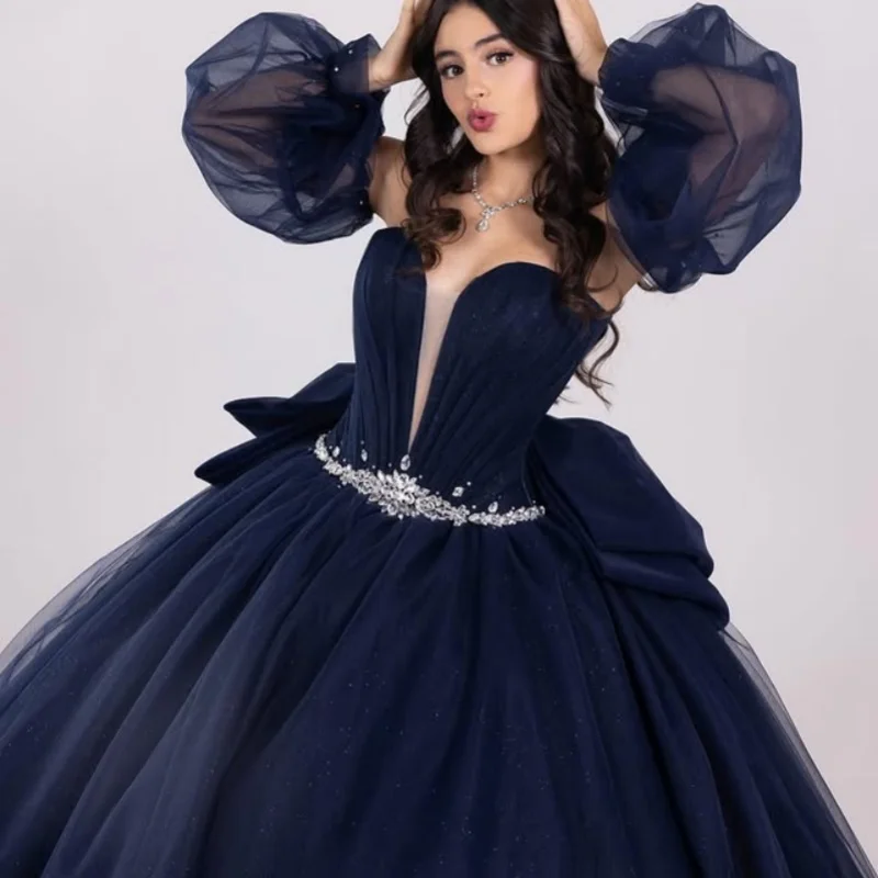 

dark blue Quinceanera Dress Lace crystal Tull glitter decal Lace vestidos de 15 Quinceanera ﻿Customized
