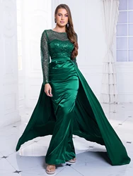 A Line Sequined Patchwork Satin Evening Prom Gown Hollow Out Floor Length Long Sleeve Maxi Dress