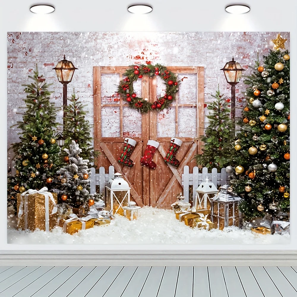 Christmas tree background photography cloth, antique wooden door gifts New Year holiday party photo studio props