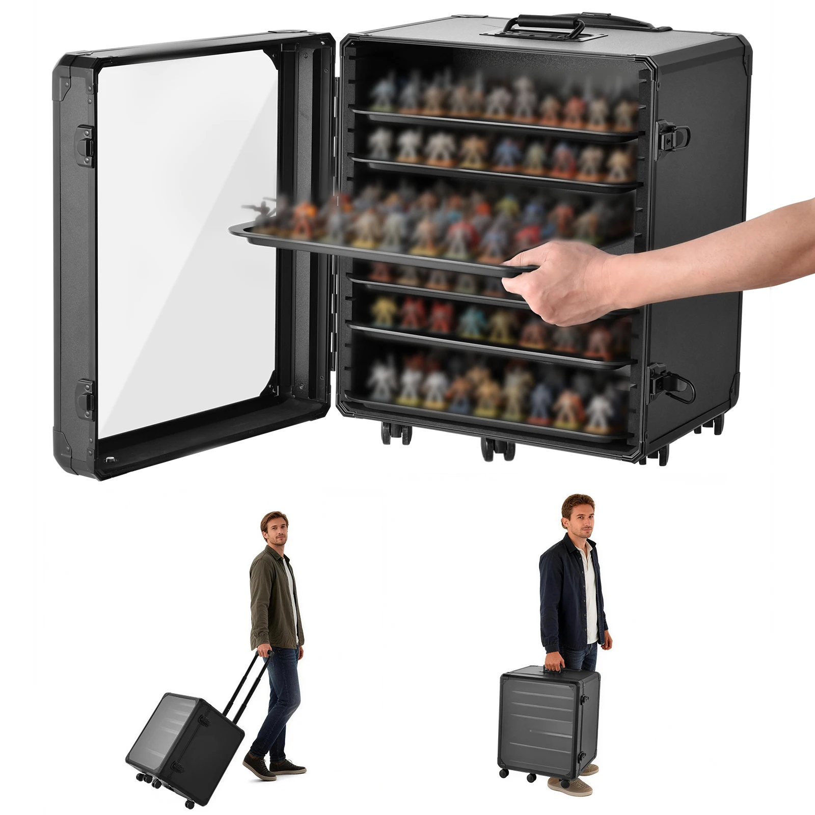 olling Storage Cart for Miniatures, 40.8x37.5x50cm Hard Shell Trolley Case with 6 Grid Trays, Lockable Dustproof Display Carrying Case for Action Figures, Collectibles, Toy Organizer for Travel or Convention