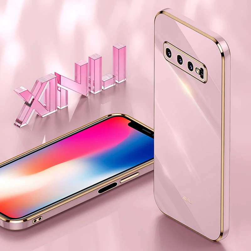 Straight Edge Phone Case for Samsung Galaxy S10 Plus S10+ Lens Protection Original Plating Silicone Glossy Candy Thin Back Cover