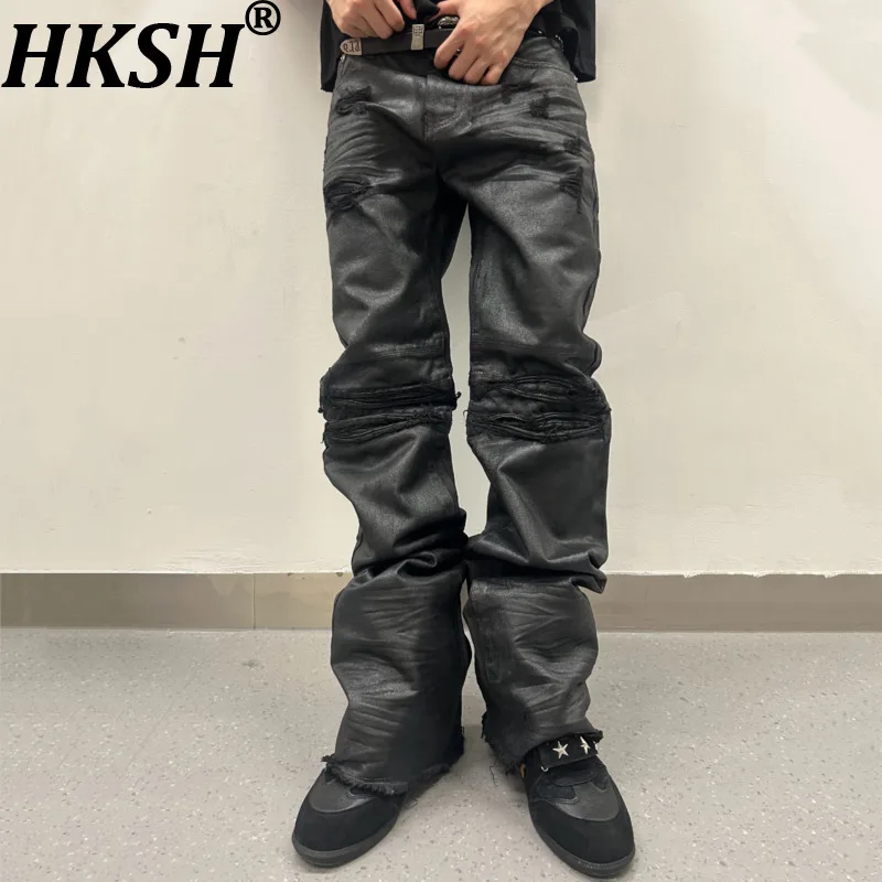 HKSH Spring Autumn New Men's Tide Dark American High Street Style Niche Coated Flared Jeans Distressed Washed Punk Women HK26562