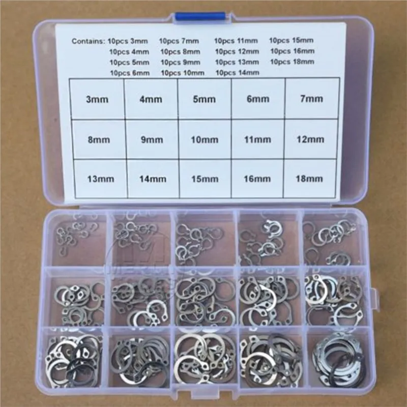 150Pcs 15 Sizes External Circlip Retaining Ring Kit 3mm-18mm Shaft Snap Rings Stainless Steel C-Type Circlips Fastener Hardware
