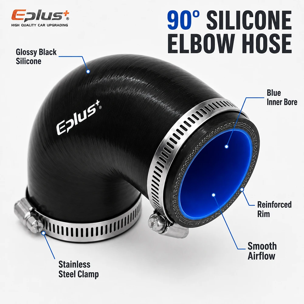 Conector de Silicone Preto EPLUS 90 Graus para Mangueira Universal de Admissão de Ar Automotiva, Intercooler e Tubo Turbo - Conector de Gel de Sílica