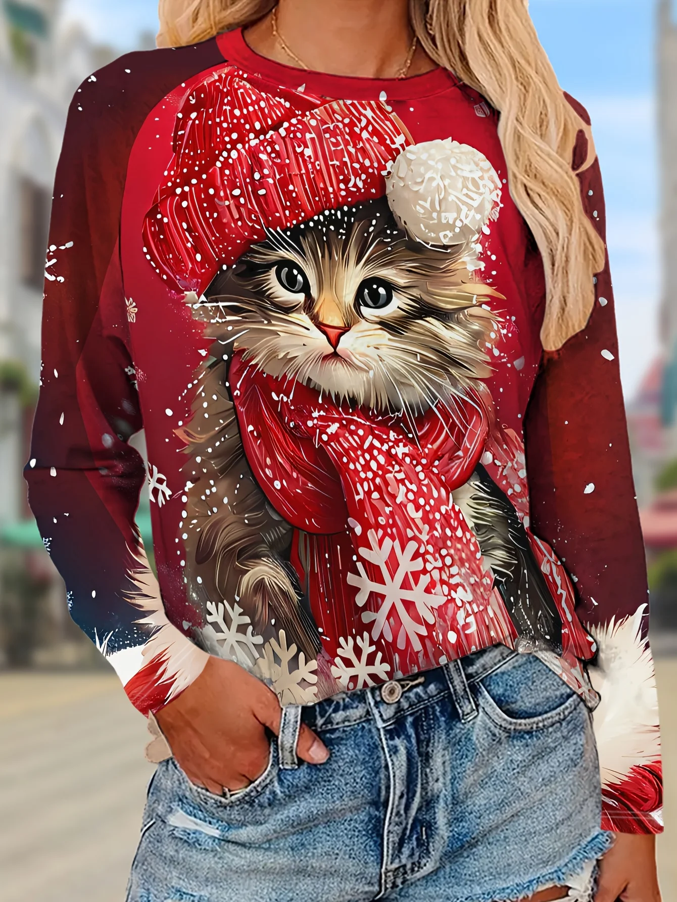 Women's Long Sleeve T-Shirt, Cute Cat Wearing Red Knit Hat And Scarf With Snowflake Print, All-Winter Holiday Style Top Suitable For Leisure And Sports Scenarios