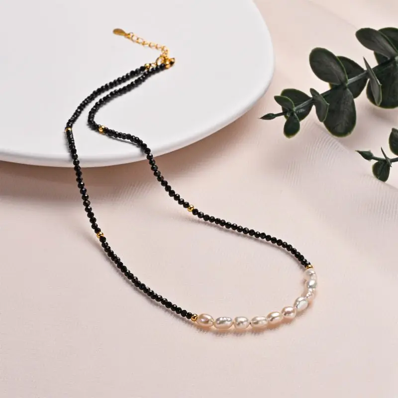 

HENGSHENG OL Style Black Spinel Natural Crystal 4-5mm Freshwater Baroque Pearl S925 Silver Necklace For Women Girl Jewelry Gifts