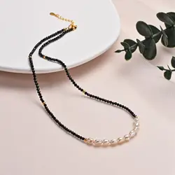 HENGSHENG OL Style Black Spinel Natural Crystal 4-5mm Freshwater Baroque Pearl S925 Silver Necklace For Women Girl Jewelry Gifts