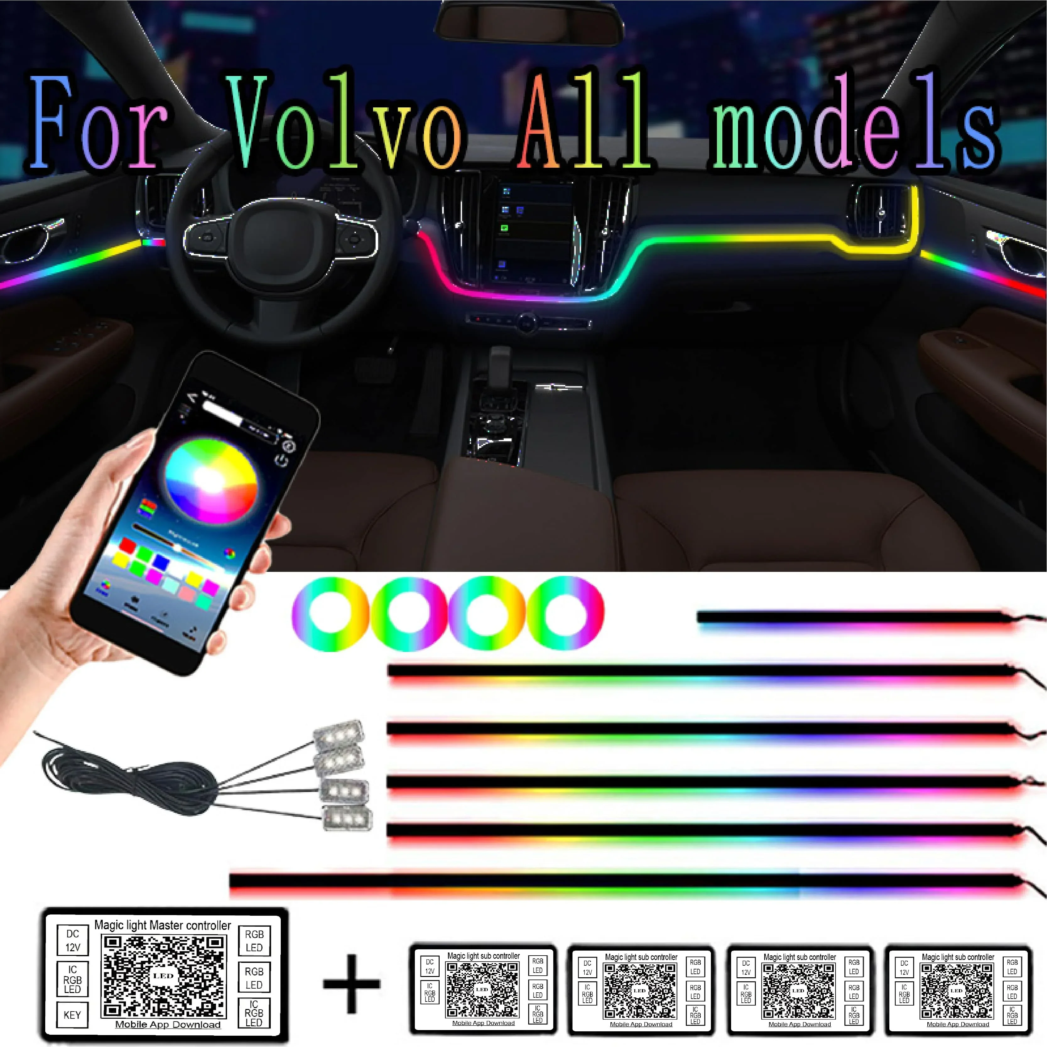 

For Volvo Symphony Decoration Ambient Lights Car Atmosphere Interior LED Acrylic Guide Fiber Optic Universal 18 in1 64 Color RGB