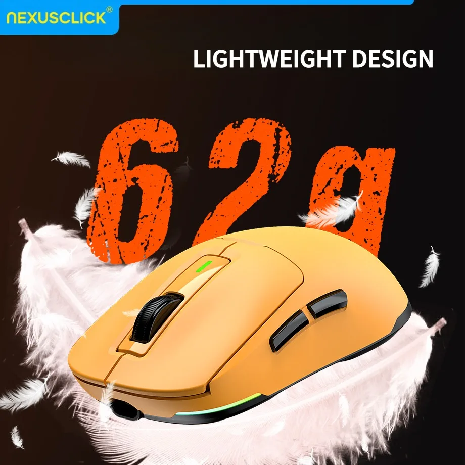 NexusClick GW24  PAW3104Tri-Mode Lightweight Gaming Mouse,8000DPI,45IPS,15G,62g,Magnetic Fast Charging,RGB backlight for Gamer