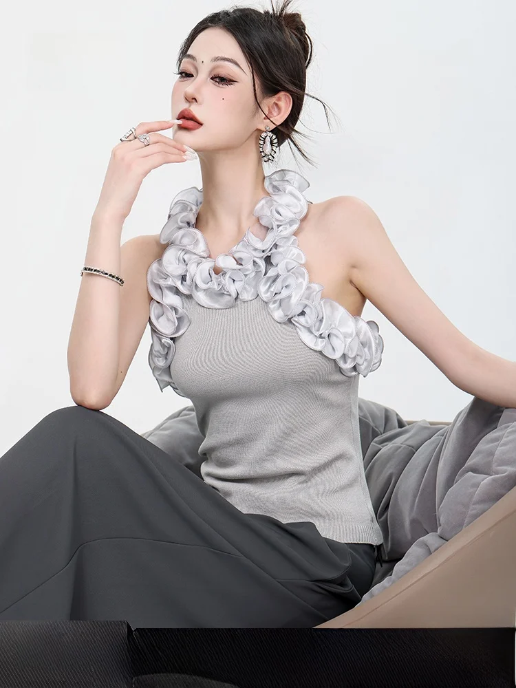 

Slimming Women's Vest Summer New Sle Hanging Ne Wood Ear Trim ort Pure Color Commute Sle Other Material Made