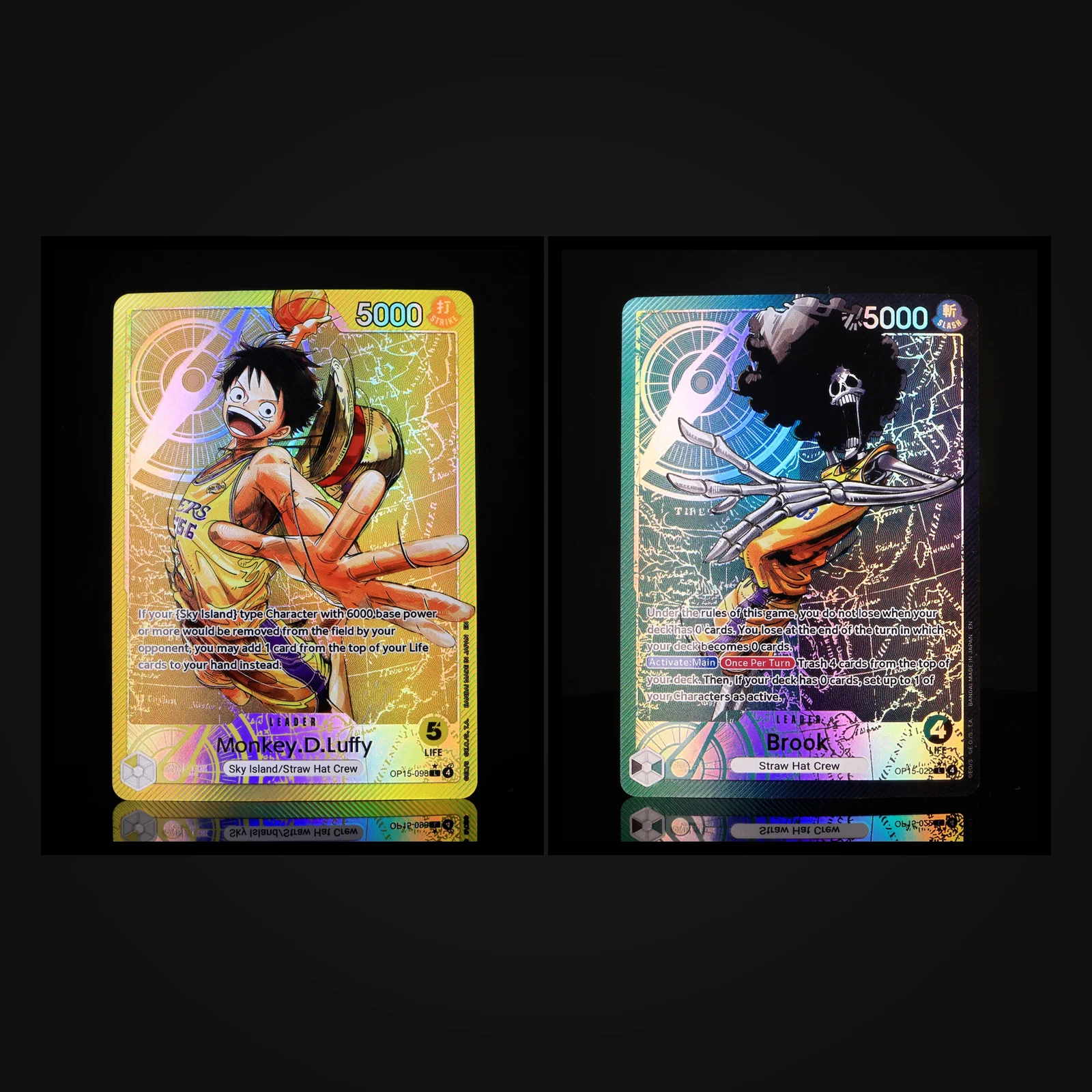 Cartão Líder OP15 dos Lakers One Piece TCG OPCG Cartão Líder em Inglês Luffy Brook OP15-098 OP15-022 Cartão Texturizado com Folha Metálica da Ilha de KAMI