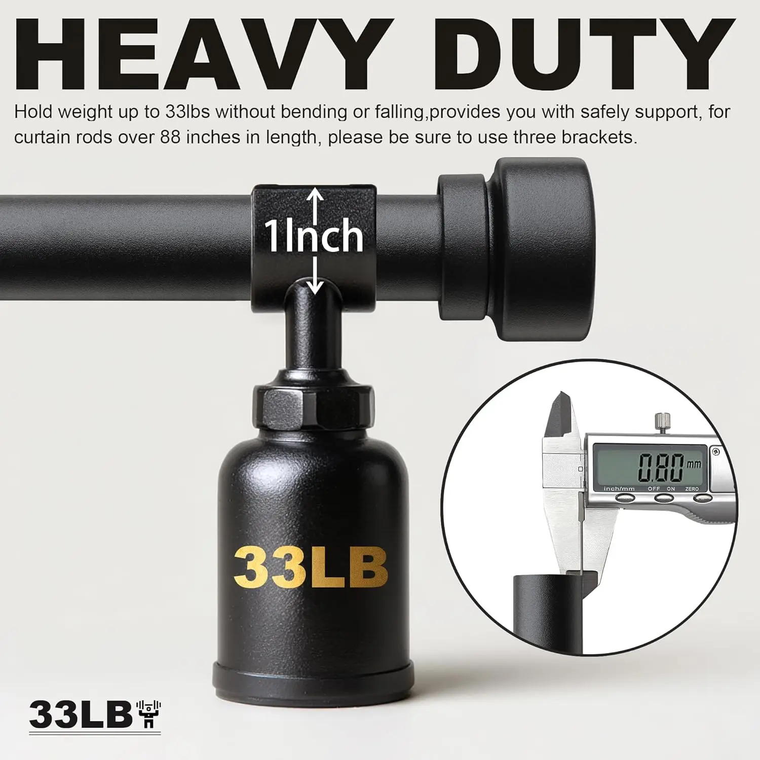 Heavy Duty Curtain Rods, 1 Inch Adjustable Black Curtain Rod for Windows, Long Window Treatment Rods with Aluminium Finials