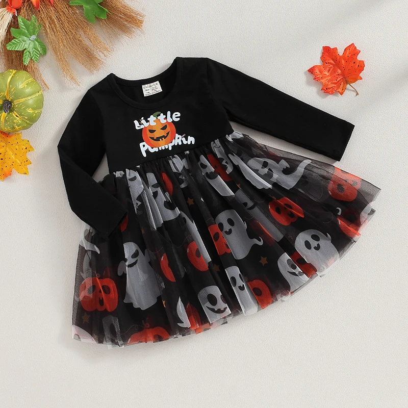 

Infant Girl Halloween Costume Outfit Witch Spider Print Crew Neck Long Sleeve Mesh Patchwork Flare Dress with Bow