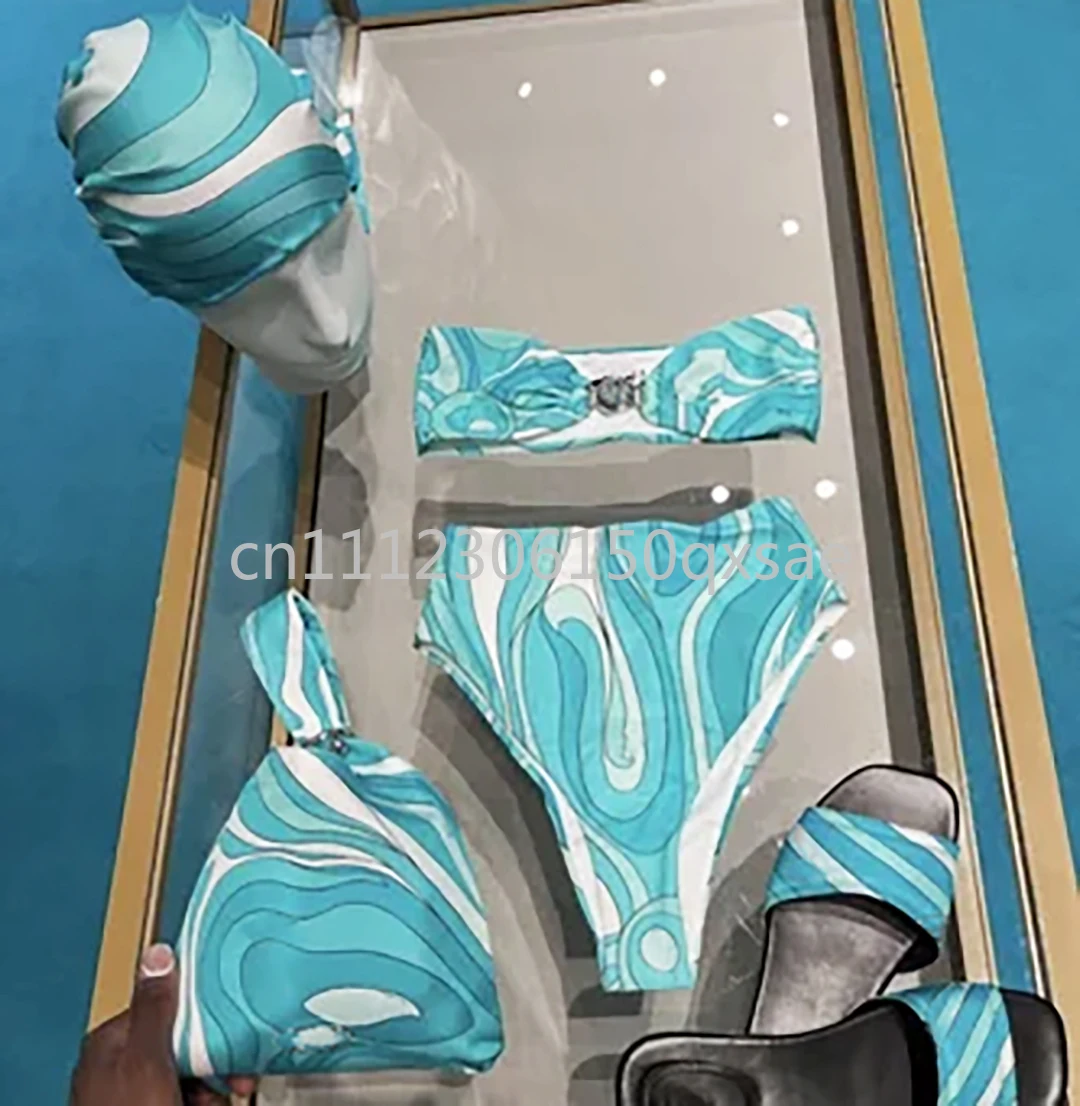 Classic Design Women's Blue Scarf Split Swimsuits with Letter Signature Logo Designer Brand Lady Headband Swimsuits Beachwear